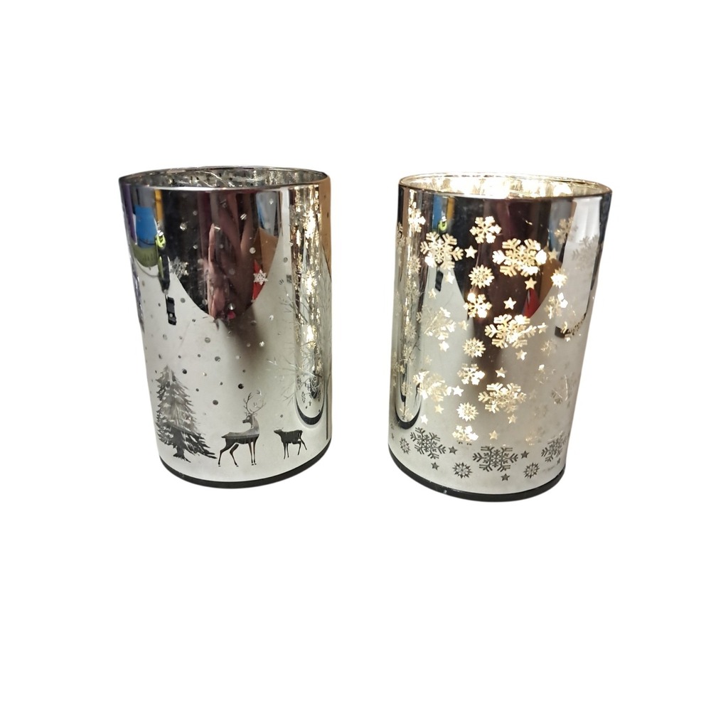 Led Small Flameless Votive Holders Silver With Deer And Snowflakes